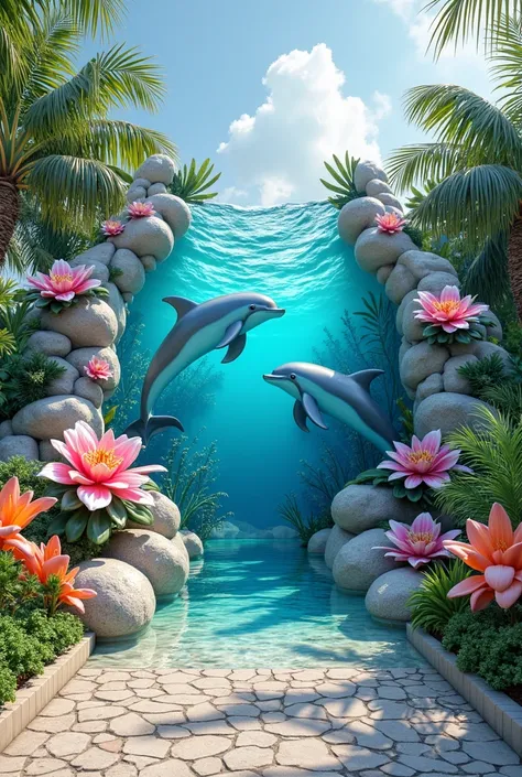 Entrance wall designed with name 3j’s resort theme water flowers and dolphin fiberglass made