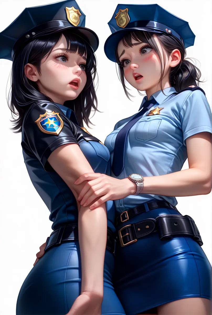 Beautiful Japanese Women from a Purple Perspective,( 1girl :1.7),(slender body:1.3),( empty white background:1.6),( small tits:1.0),(white collared tight short sleeve cowgirl shirt police shirt:1.2),(blue super mini police skirt:1.2),(black leather equippe...