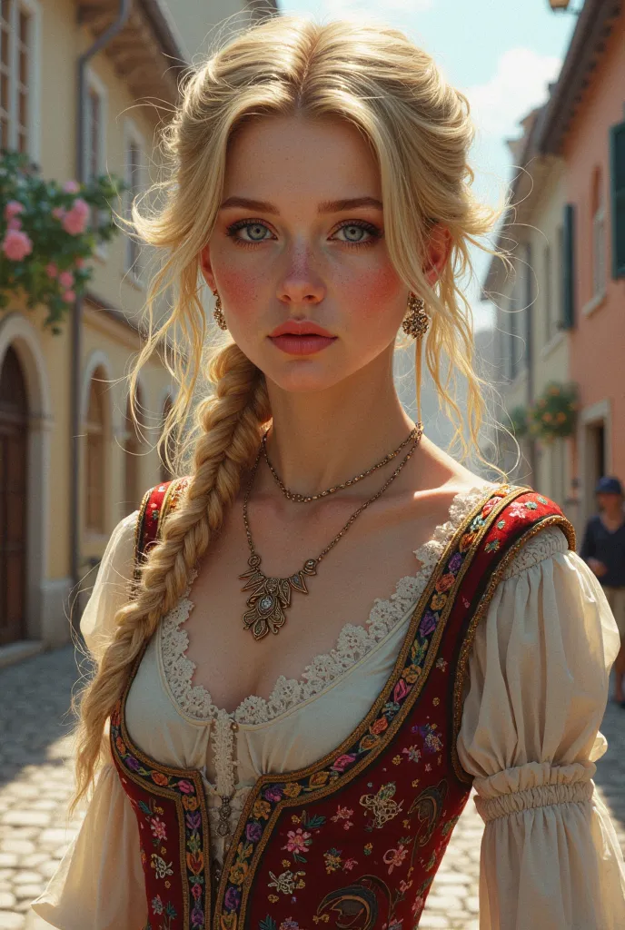 Draw a woman with model Victoria Turner’s face and she is wearing a traditional Czech clothes and standing on the street of beautiful Czech town, she has white skin color and blonde hair, she is wearing Jewelry