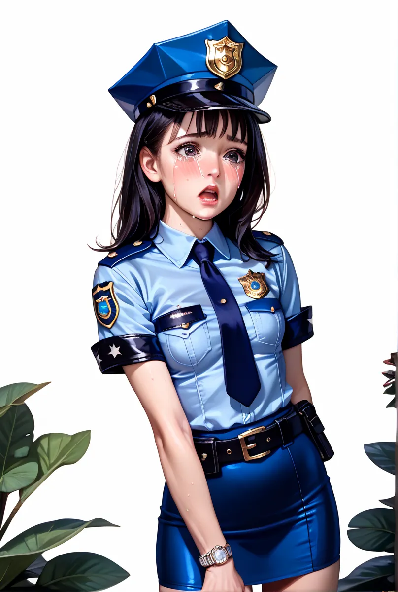 Beautiful Japanese Women from a Purple Perspective,( 1girl :1.5),(slender body:1.3),( empty white background:1.6),( small tits:1.0),(white collared tight short sleeve cowgirl shirt police shirt:1.2),(blue super mini police skirt:1.2),(black leather equippe...