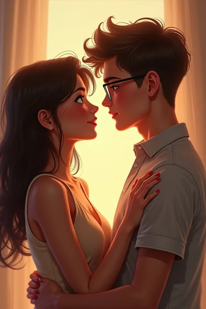 A young couple in early 20s holding hands and looking at each others eyes. The girl is fair chubby & brunette hair, The boy is also Fair but nerdy looking with glasses.