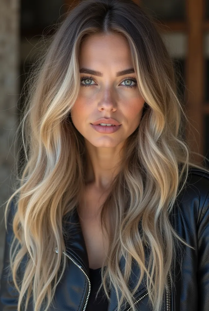 a close up of a woman with long hair wearing a leather jacket, a photorealistic painting by Jeanna bauck, trending on pexels, realism, brunette with dyed blonde hair, photo of a model, ash blond greyish hair, portrait sophie mudd, jaw-dropping beauty, bala...