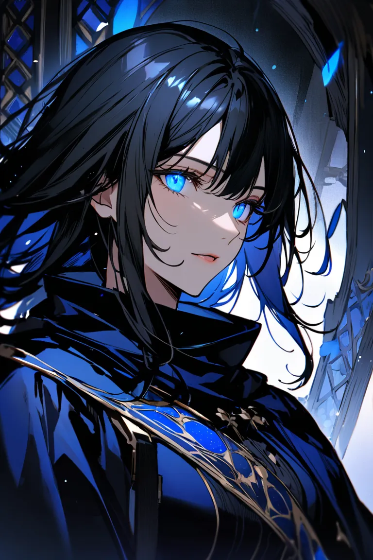 A woman with jet black hair wearing a large cloak with a blue golden pattern　Woman with jet black hair wearing a large blue cloak with a musket in her right hand　 Blue Glowing Eyes 　handsome　high image quality　close-up　upper body　beautiful　high quality　Blu...