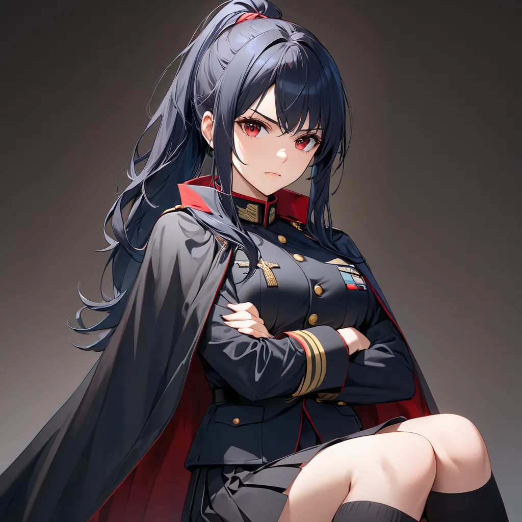 High resolution, high quality, HD, beautiful female, 1 female, beautiful, ager, beautiful girl, mature, young, serious, dark blue hair, long hair, ponytail, red eyes, black military uniform with cape and skirt, knee high socks, cross arms