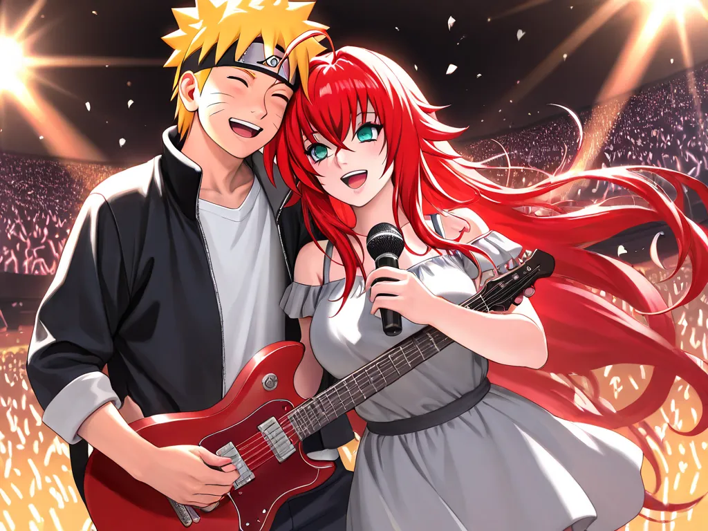 absurd resolution)), masterpiece, best quality, (Extremely detailed 8k unity CG wallpaper), (best illustration), (best shade), high resolution image, masterpiece, best quality , amazing quality, Naruto Uzumaki , Rias Gremory , Singing Together  , concert ,...