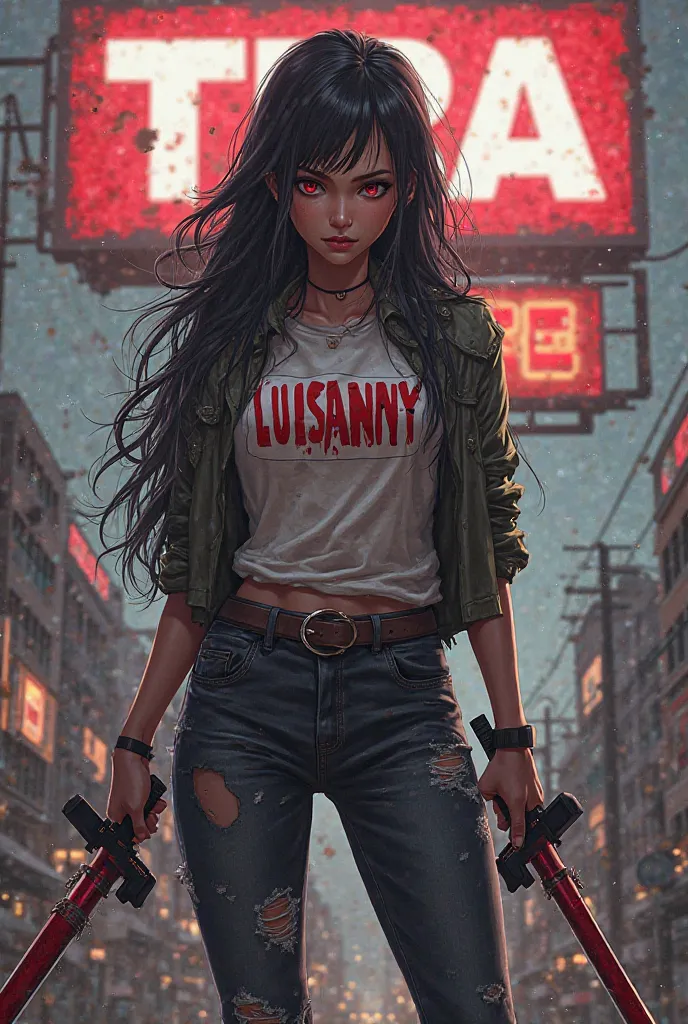 cool sexy girl, cute badass anime style with long hair, whole full body portrait, holding two sword, zombie apocalypse theme, visible big background TIRA logo billboard on top, big name tag LUISANNY on chest shirt