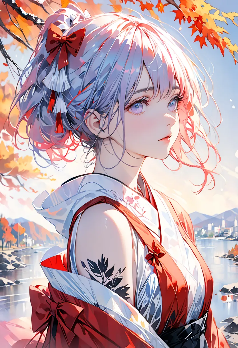 (8k, best quality, masterpiece:1.2),(best quality:1.0), (ultra high definition:1.0), watercolor, in beautiful image quality, shoulders with breastpl, hair bow, by agnes cecile , bust, Extremely bright design, pastel, (ink:1.3), autumn lights,