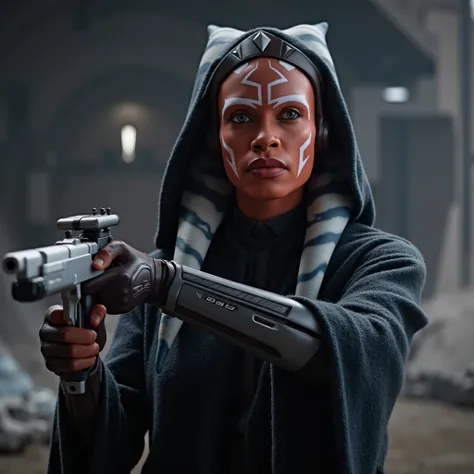 ( Masterpiece , high quality, high definition, Realistic photo,  photo )   wearing a futuristic suit with a hood and a gun. possible, this is Ahsoka Tano from the 2023 series “Ahsoka”.