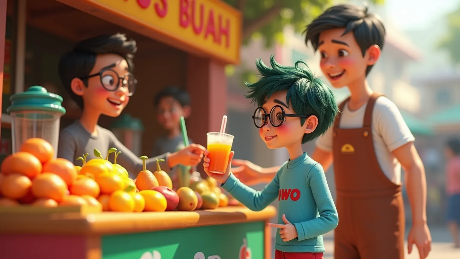 
Close up, A highly detailed 3D Pixar-style illustration of Owo, an  boy with green slightly messy hair and big black round glasses, standing in front of a vibrant juice cart labeled 'JUS BUAH.' He is wearing a light blue long-sleeve Muslim shirt with 'owo...