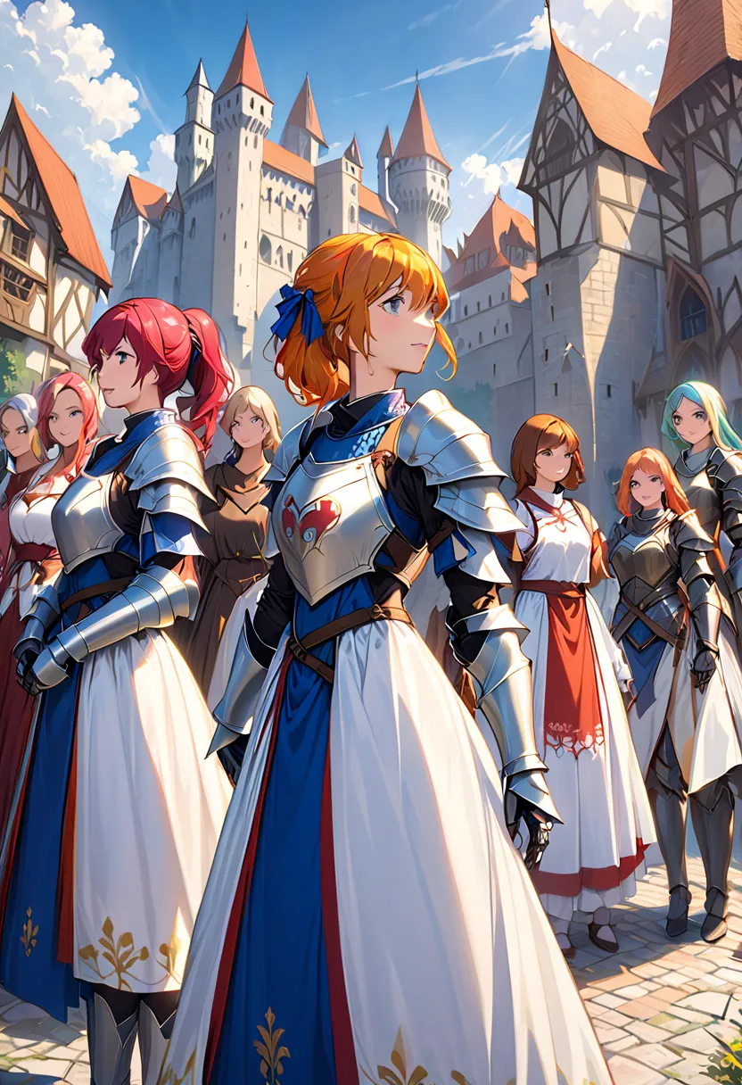  group of women wearing colored hair and detailed armor in medieval paladin dresses, standing, medieval city with castle background 