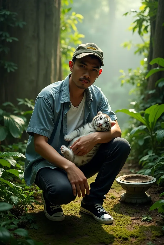 
Handsome Indonesian man, reversed trucker caps, white t-shirt open light blue shirt, black jeans, black converse shoes squatting facing the camera on the lush green forest floor covered in a soft, moss-like texture, where bright rays of light filter throu...