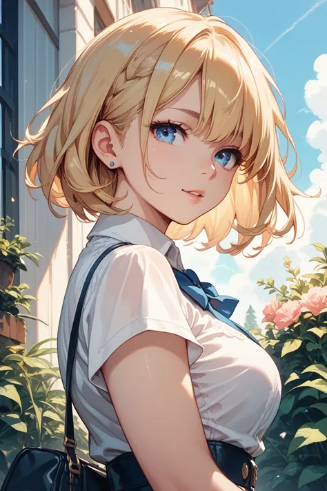 Blonde medium bob blue eyed girl character