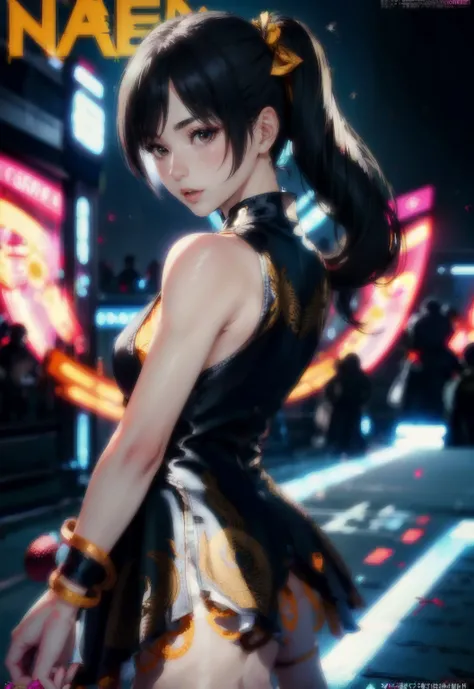 (magazine:1.3), (cover-style:1.3), 1girl, ling xiaoyu, from tekken, fashionable, woman, vibrant, outfit, posing, front, colorful, dynamic, background, elements, confident, expression, majestic, coiled, around, cover, bold, attention-grabbing, stylish, font...