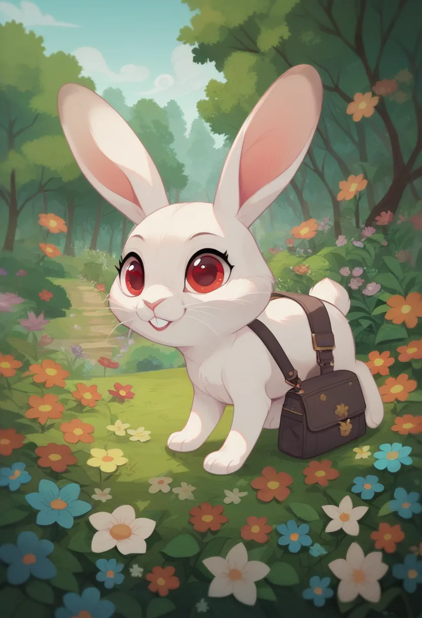 Masterpiece, highest image quality, accurate depiction.
Cartoon style, cartoon coloring.
Animal, rabbit, white, red eyes, solo.
(Canteen), (Bag), flower garden.
Forest background, fresh green, early summer, clear sky.