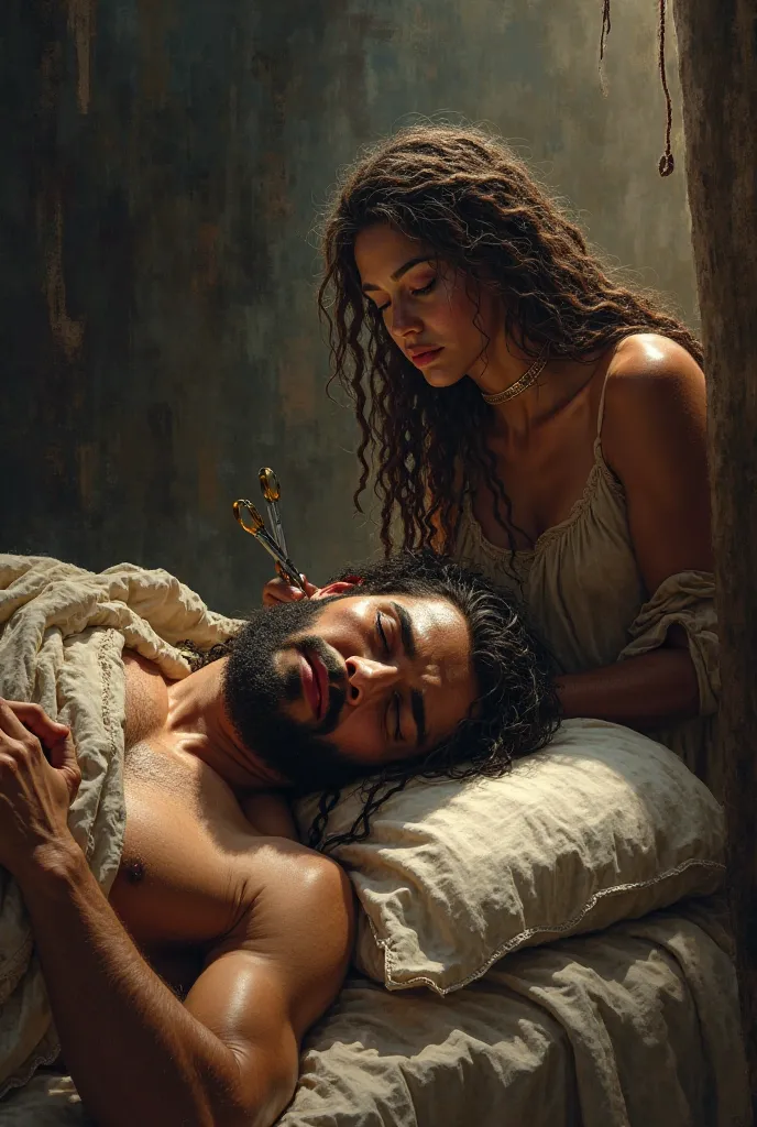 A tense scene where Samson is fast asleep, and Delilah, with a pair of scissors, cuts off his long braids. In the background, shadows of Philistine soldiers lurk, ready to attack.