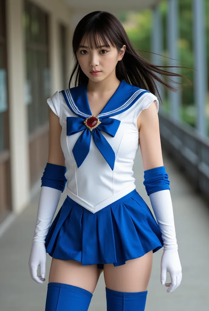 Natural lighting, super high resolution, masterpiece, accurate, super detailed, high detail, high quality, best quality, best, 16k, detailed face, realistic textured skin, full body from the front, Sailor Moon costume: 1.5, Sailor Mercury, blue sailor unif...