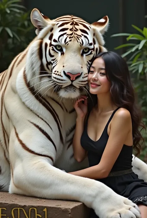 A beautiful woman dressed in a casual black singlet with a sweet smile sits while stroking the head of a very fierce white tiger as big as a giant. Sitting while stroking the head of a white tiger with the name 'Jeanny' fonts thick golden oblique