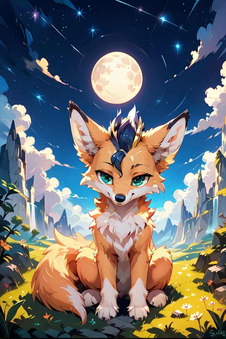 A stunning, serene scene of a majestic fox sitting on a grassy hill, gazing at a glowing full moon in a vast, starry night sky. Its fur shimmers under the soft moonlight, reflecting hues of silver and orange. The sky is filled with countless twinkling star...