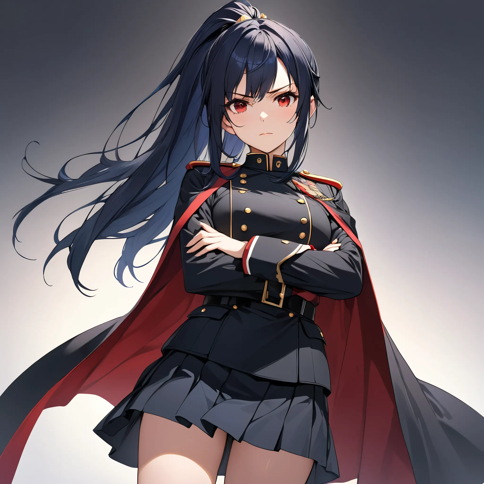 High resolution, high quality, HD, beautiful female, 1 female, beautiful, ager, beautiful girl, mature, young, serious, dark blue hair, long hair, ponytail, red eyes, black military uniform with cape and skirt, knee high socks, cross arms