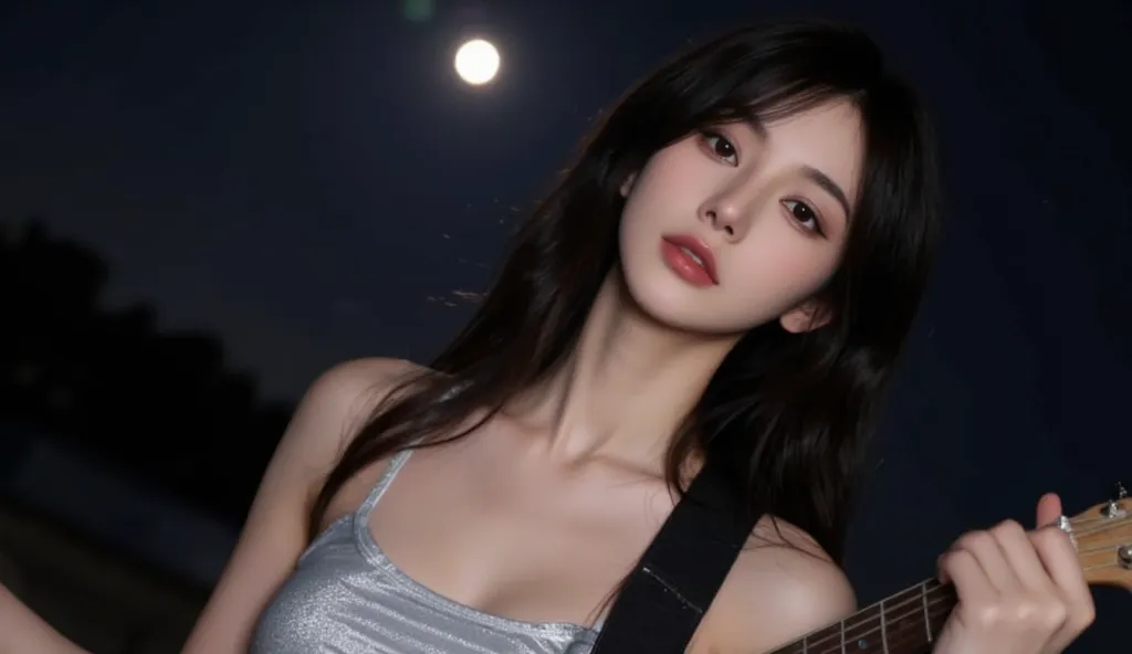 female closeup、Brighten up a woman's appearance、beautiful Japanese woman with long dark hair、一人で黒いelectric guitarを弾いている、beautiful Japanese woman with long black hair、wearing a silver sleeveless hot pants bodysuit with a wide open chest against the backdrop...