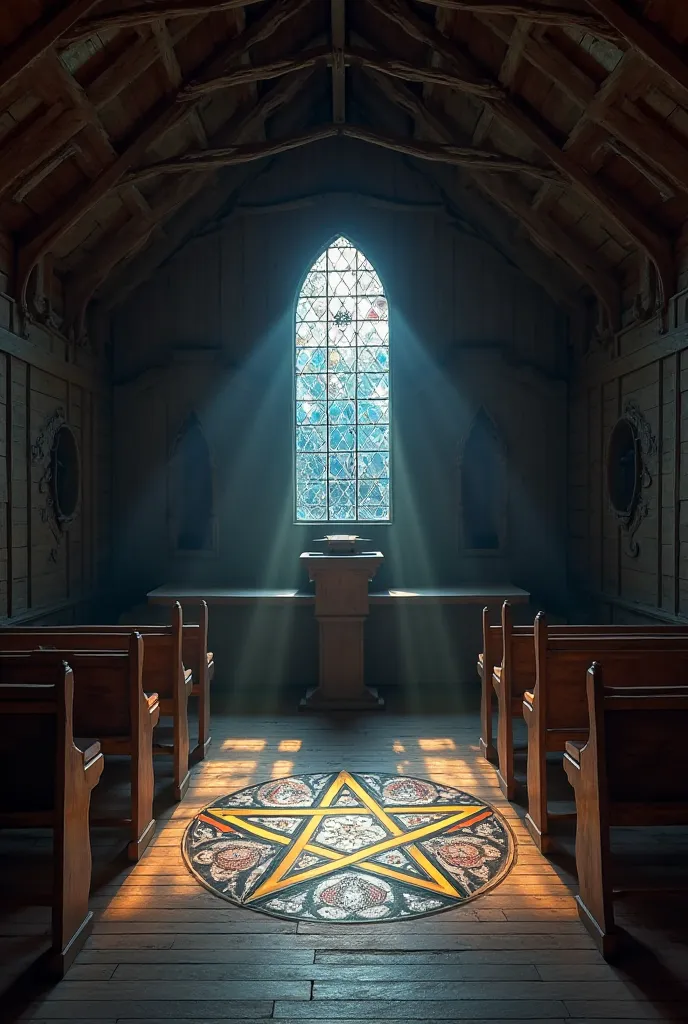 in the night of wooden small church, there is the moonlight piercing through the mosaic glass creating prism soft light. there is a podium and benches inside the room. the pentagram is on the floor and in the middle of the room