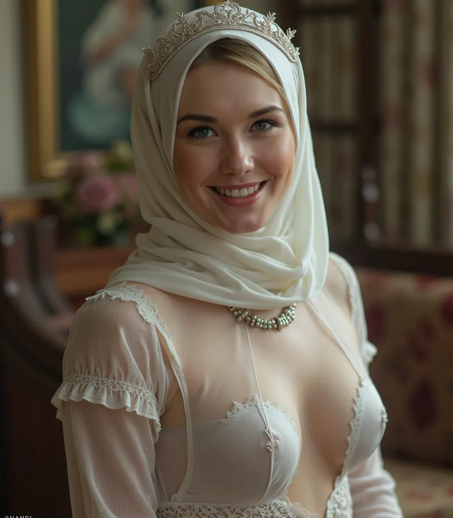 (Masterpiece: 1.2, Best Quality), Realistic, (Realistic Picture, Complex Details, Depth of Field), Best Quality, Masterpiece, Highly Detailed, Realistic, Beautiful body, hijab, big breast, see through, white skin