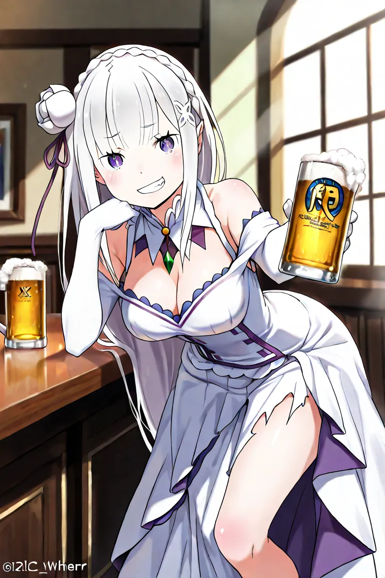  (masterpiece:1.2), (best quality:1.2), newest, intricate details, perfect anatomy, 1girl:1.2, (emilia (re:zero):1.2), ((plain white wedding dress:1.1, long dress:1.2, off-shoulder dress:1.5, sleeveless:1.3, front slit:1.3, torn dress skirt:1.4, white elbo...