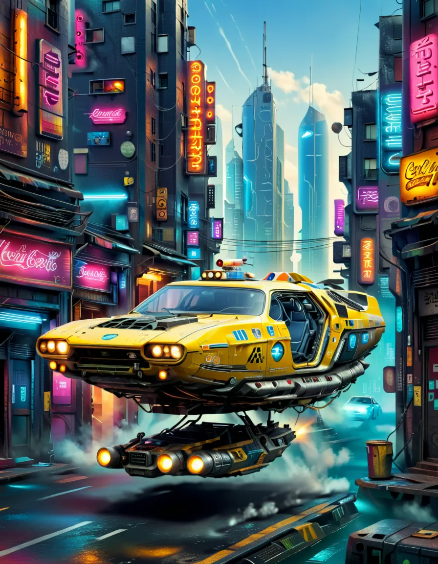 Image is a vibrant, futuristic digital artwork depicting a flying car navigating through a neon-lit urban environment. The style is highly detailed and colorful, with a strong emphasis on science fiction elements. The flying car, resembling a retrofitted c...