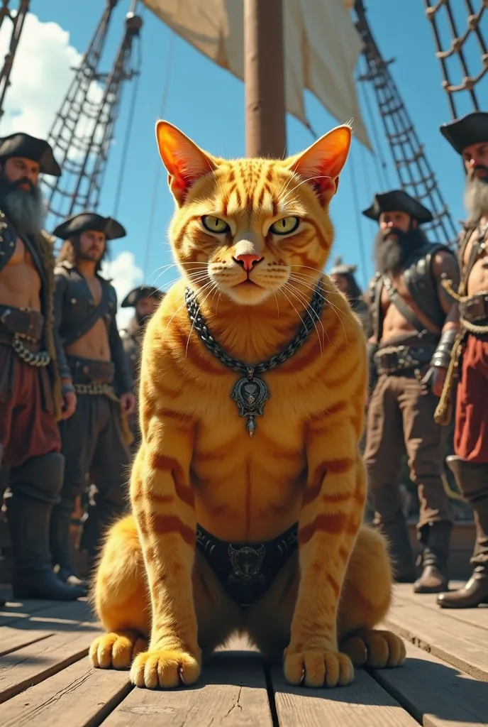 "A hyper-realistic, highly detailed anthropomorphic muscular cat with yellow fur and a serious expression, kneeling on the deck of a pirate ship. The cat's well-defined muscles are prominently visible, and it is wearing minimal clothing, including a neckla...