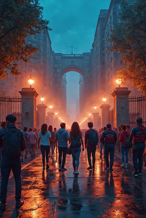 A group of university students at night in front of the university at the gate bikers wearing red and blue uniforms in the Netflix rebel series Andrea Chaparro is MJ