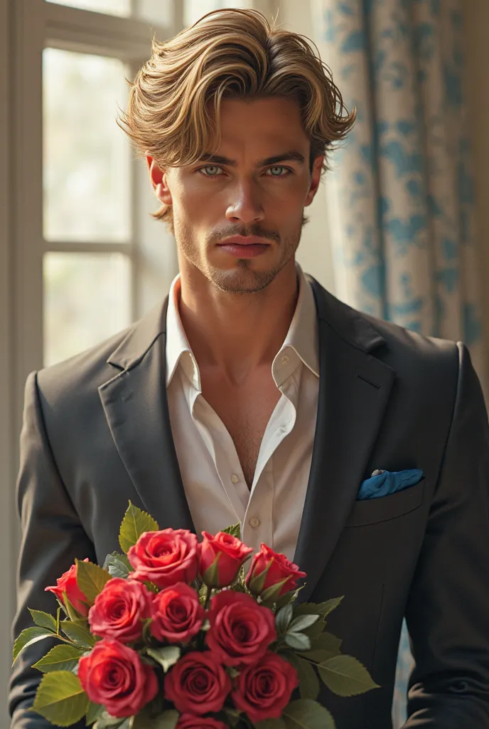 A divinely handsome man with short wavy golden hair, long bangs, and blue eyes. Tanned skin. He's stylishly dressed. muscular, athletic. A beautiful body. She holds a bouquet of roses in her hands. Smiling. He looks into the frame.