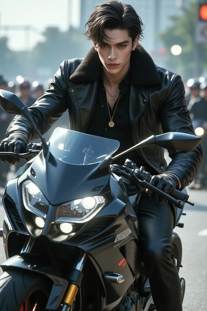 ((best quality)), ((masterpiece)), (detail),  perfect face, Kim Taehyung, muscular body,  neat hair , stylish luxury clothing, luxury sneakers,Riding shiny sport motorcycle,  against the backdrop of a crowded highway , staring at the camera sharply. 