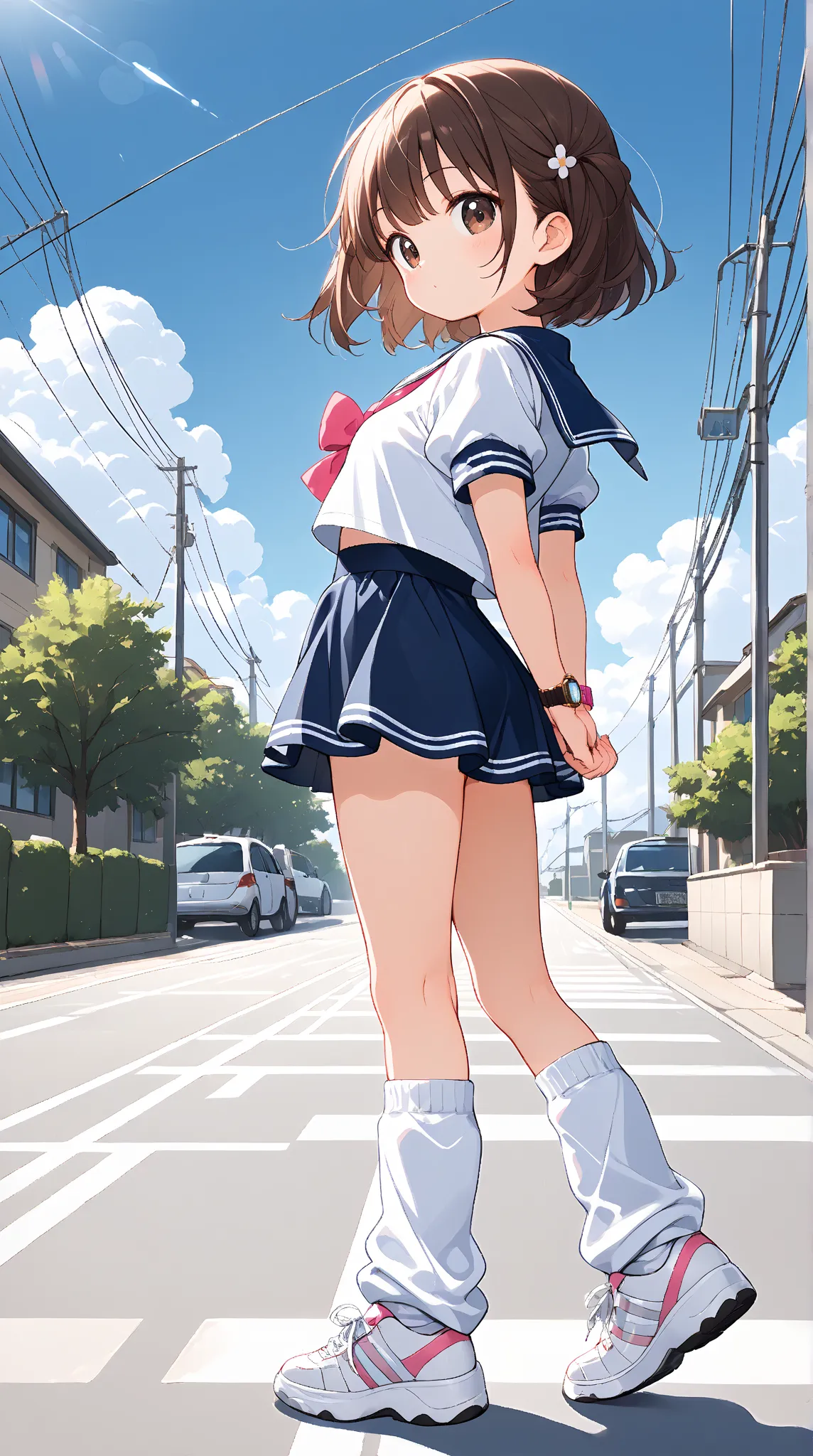 ((high_quality)), ((super_Detailed)),  anime style、High Contrast、1 girl、high school girl、short hair、brown hair、big cute eyes、Dark Brown Eyes、cute face、Medium size chest、sailor suit、micro mini skirt、loose socks、 thick soled sneakers 、side view、walking、watch...