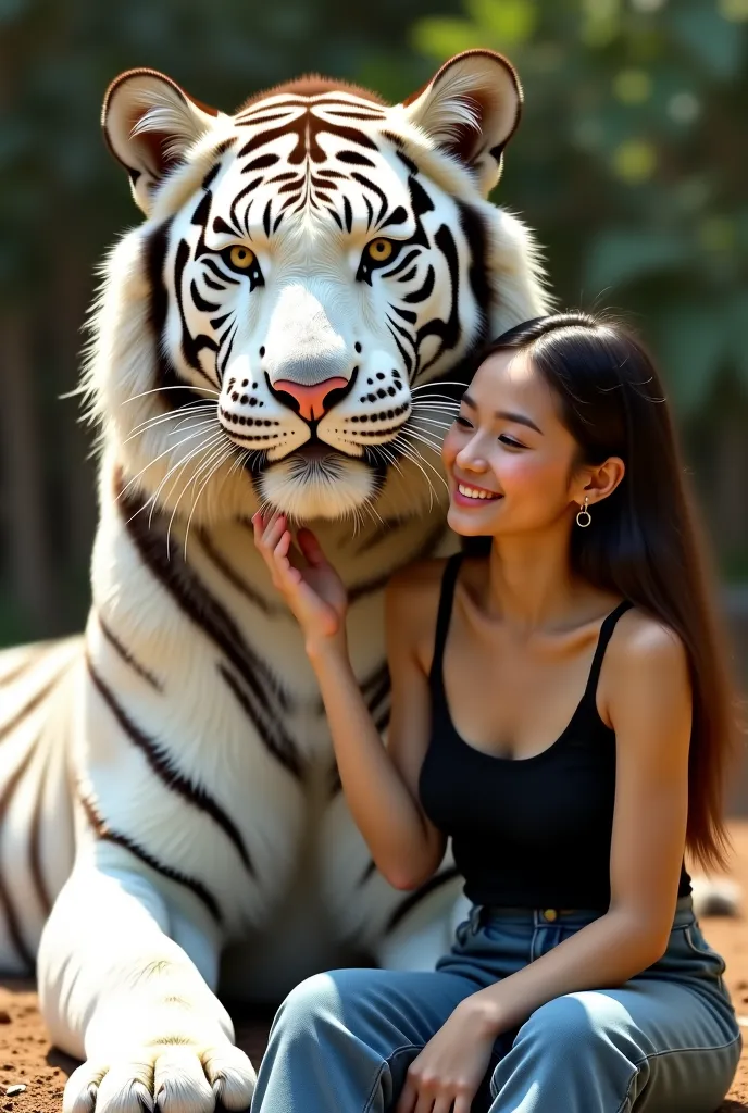 A beautiful woman dressed in a casual black singlet with a sweet smile sits while stroking the head of a very fierce white tiger as big as a giant. Sitting while stroking the head of a white tiger with the name 'Jeanny' fonts thick golden oblique