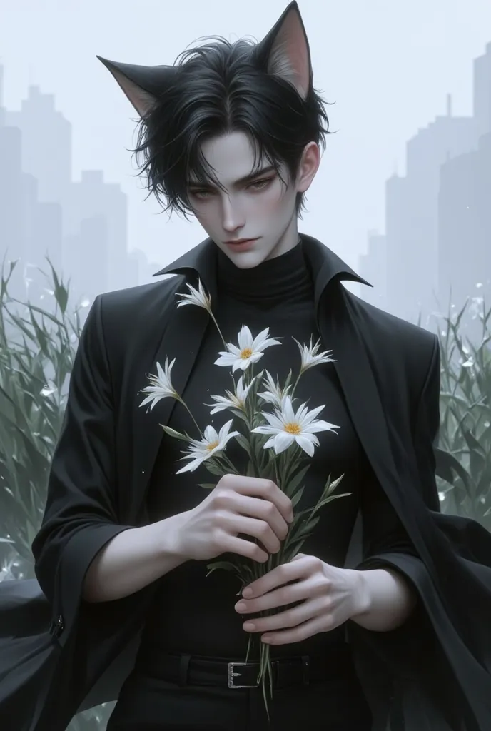 A man with dark ash hair,on my head like cat ears,Extraordinarily beautiful eyes,sketch in a black shirt,and pants in his hands are ash flowers with dew drops that sparkle around the guy in a gray impenetrable fog