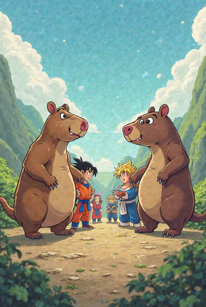 Capybara cartoon versus characters from Dragon Ball Daima