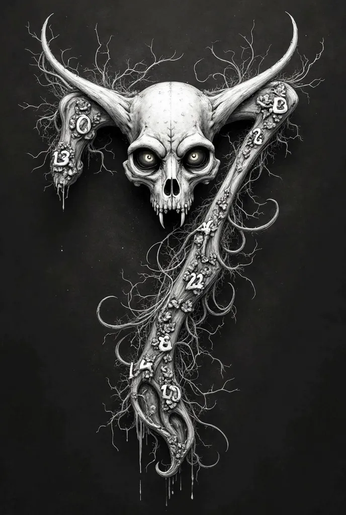 Tattoo of a skull cat that forms 7 and inside there is the number 12, 14, 18, 20, 24, 28 