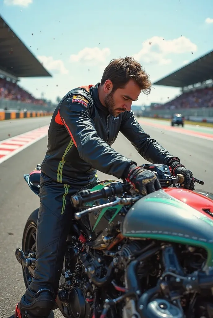 A motorcyclist fixes his bike inside a bike race track with fans behind him 