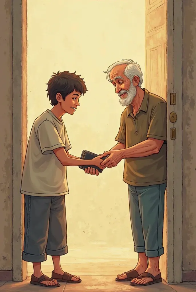  Rohan returning the wallet to its owner
- A heartwarming illustration of Rohan handing the wallet back to its grateful owner.
- The owner, an elderly man, is overjoyed and thanking Rohan profusely.
- Rohan's expression is happy and relieved, knowing he di...