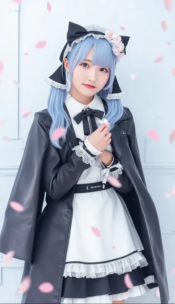 full body、short hair,  Pastel Blue Hair  、and is styled in a black headband featuring white flowers and ear-like accents.  she says 、wears black and white maid clothes that accentuate her playful and cute beauty , Decorated with lace and ribbons, in、has st...