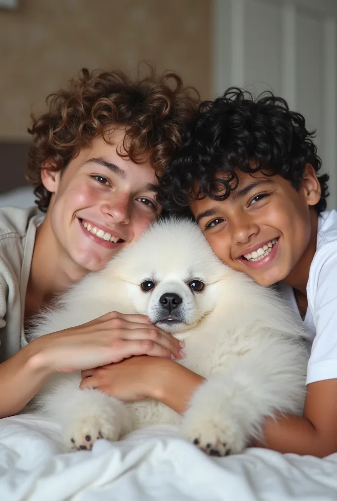 2 boys (early 20s) smiling and laying down on bed hugging white pomerian, the one boy has curly hair, fair skin and is slighty skiny, and the other one has black straight hair, light skin and slighty chubby