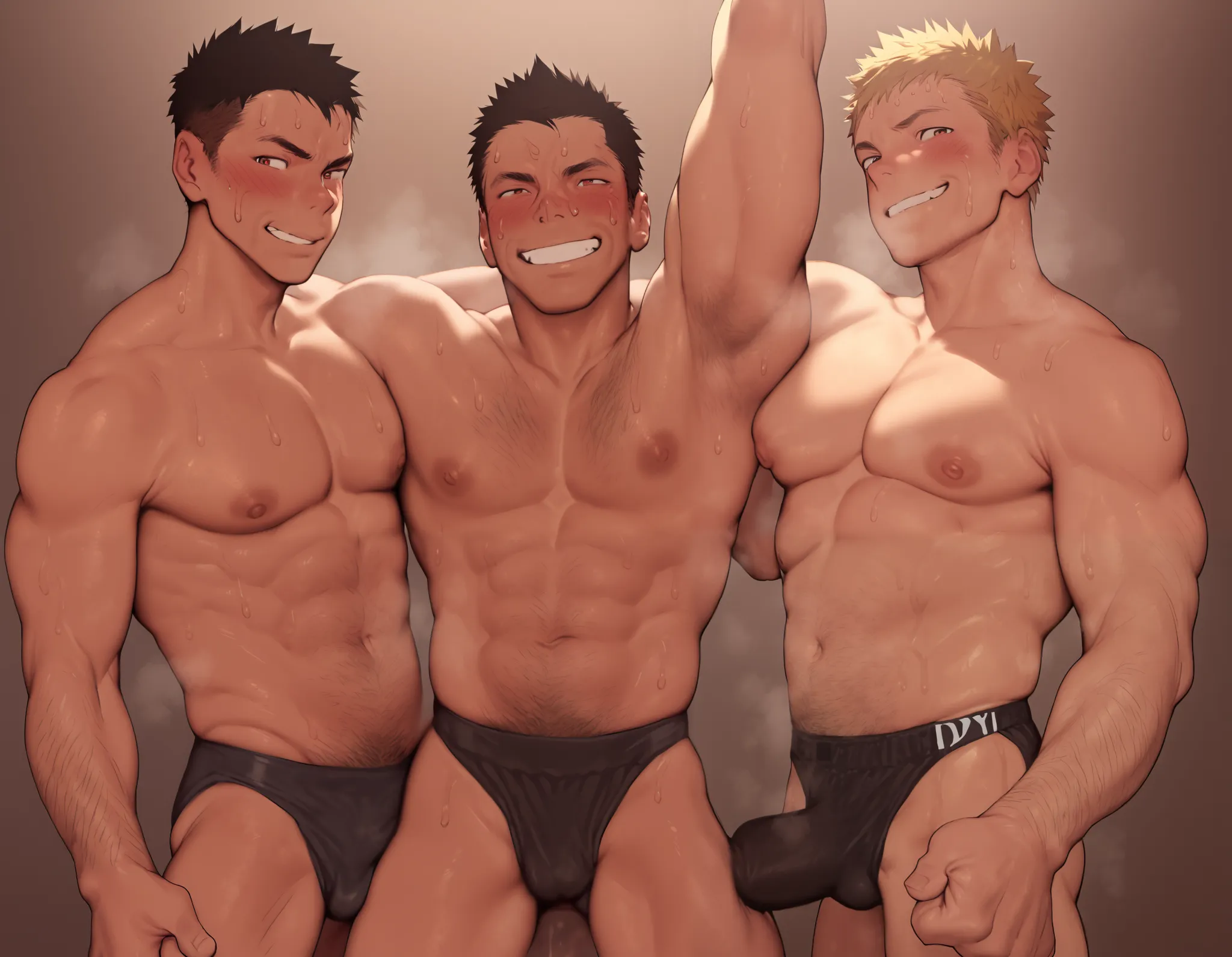 3 men,  2 boys are kissing to daddy Daddy is thick face, Daddy isこちらを見ている, Daddy is looking at you and showing off his muscles、Daddy has short hair、daddy is more muscular and taller and have more mature face, daddy have thick eyebrows, 1 daddy and 2 boys i...