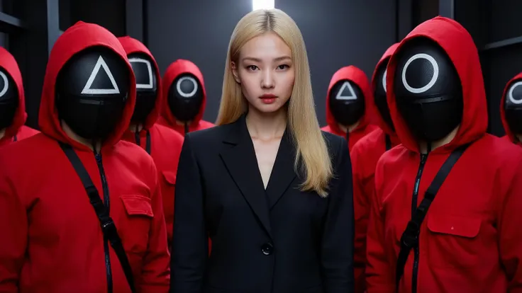 A dramatic poster illustration for a dystopian thriller series inspired by "Squid Game." central focus is a beautiful, charismatic, intense character Jennie Kim with sharp features, dressed in a sleek dark suit,with blond hair, radiating authority and myst...