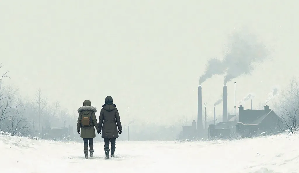 In the distance, chimneys releasing light smoke, and a couple of people walking in warm winter clothes.