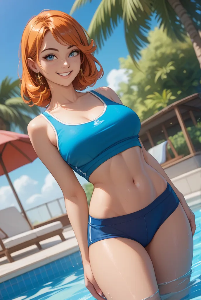 masterpiece、 Top Quality 、8k、Dutch angle、 1 female、 Orange Hair、 Short cauda equina 、 pool side、  blue tank top 、blue boxer briefs、smile、 splashes 、belly button、  thighs