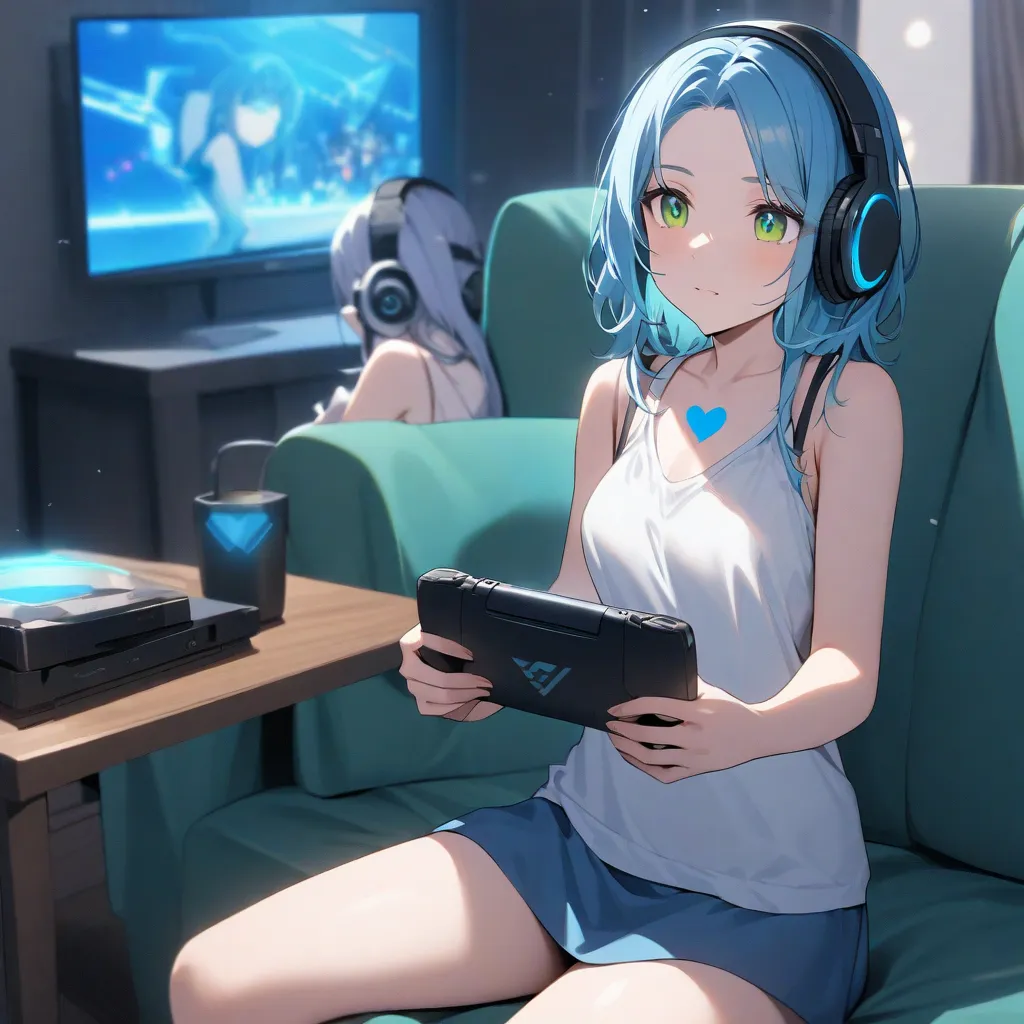 A young woman with fair skin, green eyes, blue hair, wearing headphones, sleeveless white shirt with straps with a blue heart in the center and blue miniskirt sitting on a sofa with her friend playing video games.