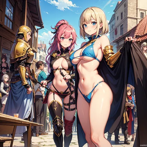 sideboob, underboob, safe, High quality, super detailed, best quality, highly detailed, beautiful, masterpiece, vibrant colors, shiny skin, perfect anatomy, female group, harem, knights, armor, medieval, fantasy, pouches, big boobs, 