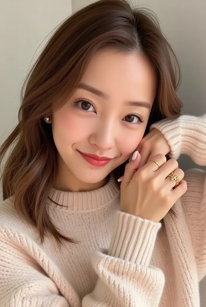 Attractive Jovie Eyes girl in a comfy sweater、 smiling happily 
