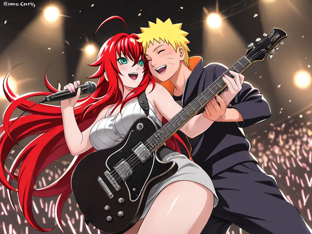 absurd resolution)), masterpiece, best quality, (Extremely detailed 8k unity CG wallpaper), (best illustration), (best shade), high resolution image, masterpiece, best quality , amazing quality, Naruto Uzumaki , Rias Gremory , Singing Together  , concert ,...