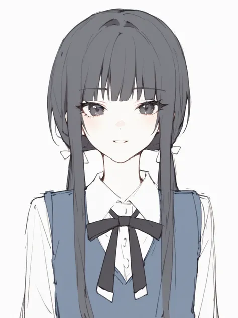 Vtuber, anime illustration,  black hair, dark eyes, twin tails in a low position, with bangs, Vest and shirt, Ribbon uniform, is facing the front, white black, Solid Color